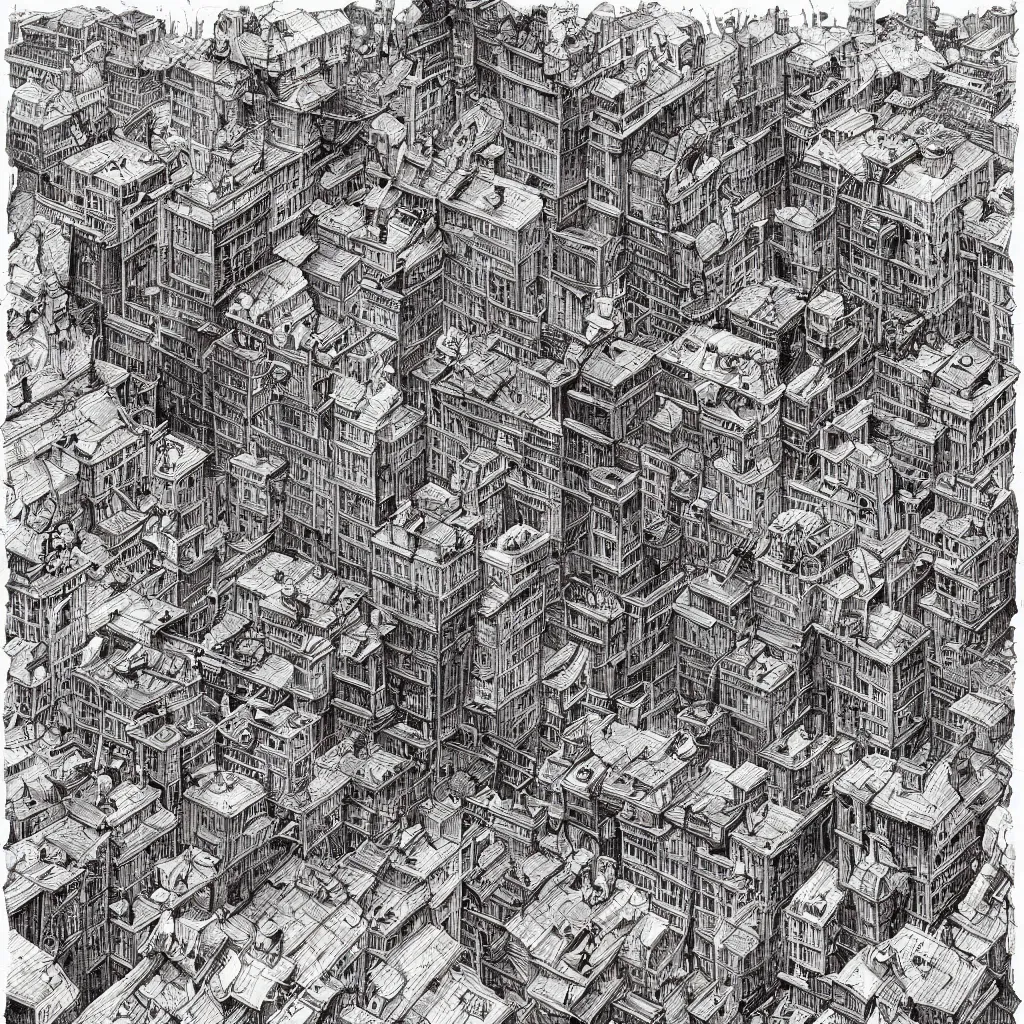 Prompt: city of feeble eldritch beings, Mattias Adolfsson!!!, isometric, greeble, Piranesi, modern European ink painting, storybook illustration, watercolor, dystopian, surrealism,