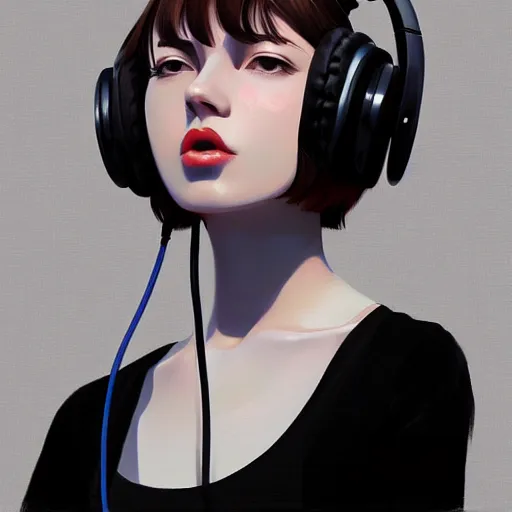 Image similar to a woman with headphones on, digital painting masterpiece, by ilya kuvshinov and rockin jelly bean