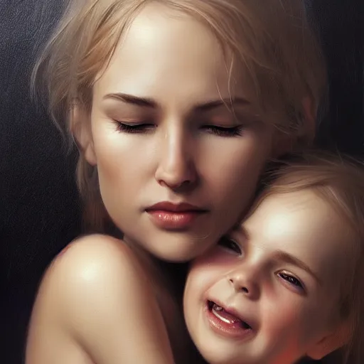 Image similar to pure love is patient love is kind, mother and child ; photorealistic oil painting by charlie bowater and mark brooks ; highly detailed cute faces by wlop ; trending on artstation ; 8 k high resolution, symmetrical, cinematic, high coherence, golden ratio, rule of thirds, perfectly centered anatomically accurate portraits