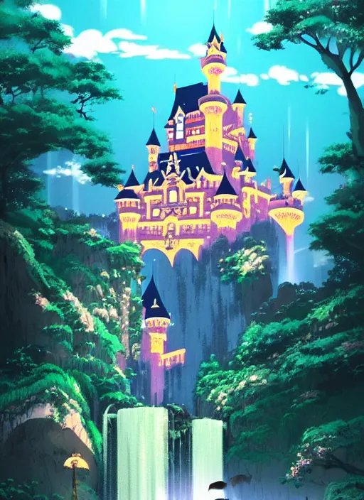 Image similar to magical castle, waterfall, river, nighttime, scenery wallpaper aesthetic, pastel colors, anime style, perspective view, beautiful, cinematic, dramatic, super detailed and intricate, hyper realistic, by satoshi kon, by koson ohara, by darwyn cooke