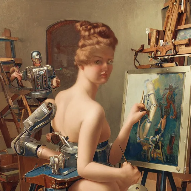 Prompt: robot artist painting a self - portrait on a canvas. intricate, highly detailed, digital matte painting, in the style of hans thoma, and in the style of gil elvgren. irony, recursion, inspiration.