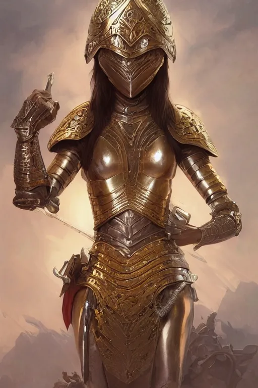 Prompt: an attractive female warrior, ornate metallic helmet, battle armor, olive skin, long dark hair, beautiful bone structure, elegant, highly detailed, digital painting, trending on Artstation, concept art, smooth, sharp focus, illustration, art by artgerm and greg rutkowski and alphonse mucha