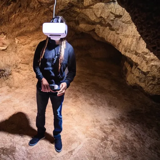 Prompt: a caveman with a vr virtual reality headset in a cave