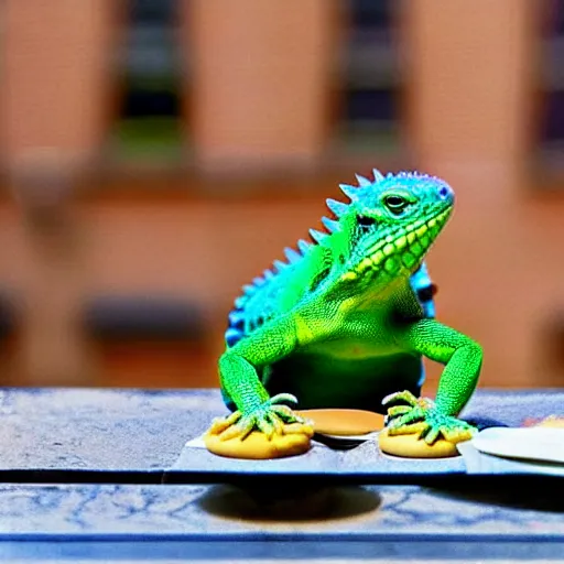 Image similar to a lizard eating a cupcake in new york city, sunny day, american dream, hyper realistic