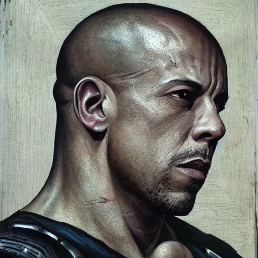 Prompt: Medieval painting of Vin Diesel. Dramatic. High resolution. Highly detailed. Art station. 8k