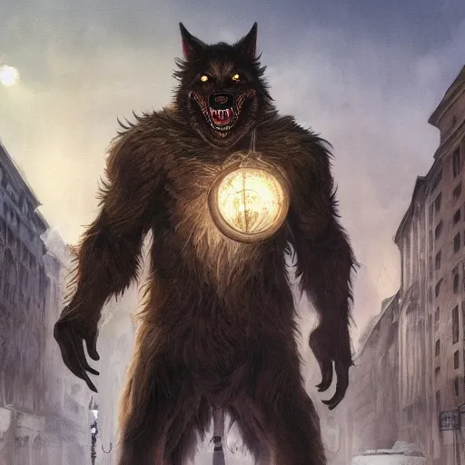 Image similar to werewolf in the downtown city lviv market square, portrait, highly detailed, full body, digital painting, trending on artstation, concept art, sharp focus, illustration, art by artgerm and greg rutkowski and magali villeneuve