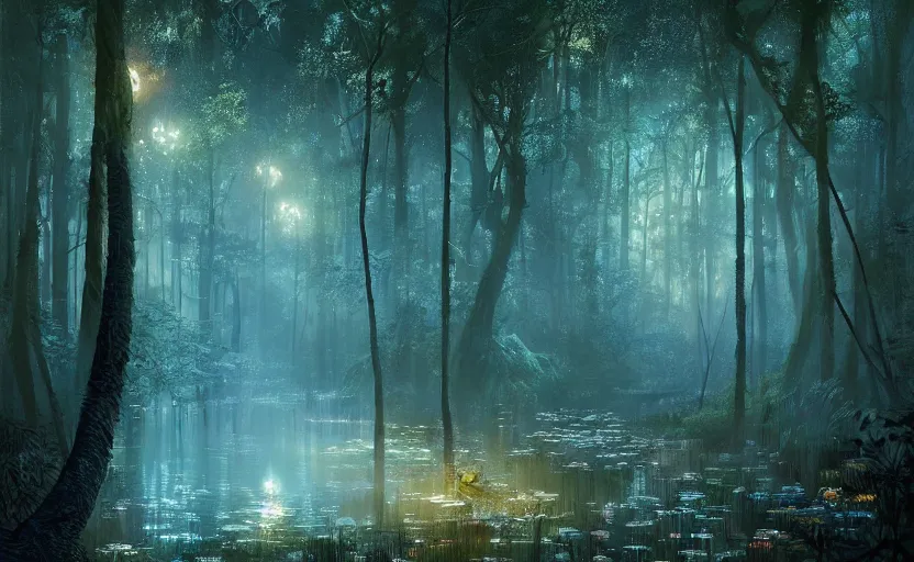 Prompt: a dark lush forest at nighttime, softly lit by blue glowing water lotuses, fantasy digital painting, stunning intricate details, artwork by ross tran and greg rutkowski