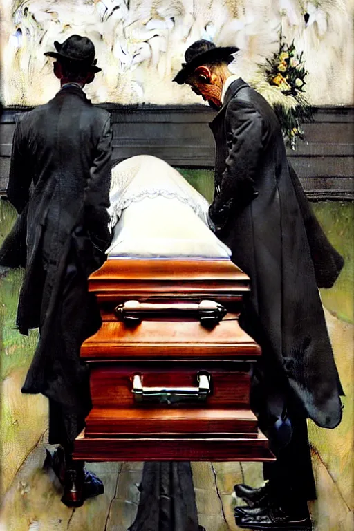 Prompt: a sad man mourning over a casket by sydney prior hall and alfred stevens and sherree valentine daines and norman rockwell, casket, grey cloth, highly detailed, deep shadows, accurate face, hyperrealism