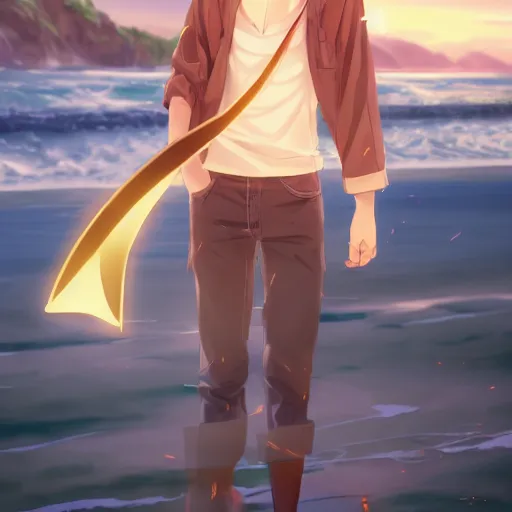 Image similar to a very beautiful anime boy, full body, blonde, golden eyes, short smile, casual clothes, serene beach setting, cinematic lightning, medium shot, mid-shot, highly detailed, trending on artstation, Unreal Engine 4k, cinematic wallpaper by Stanley Artgerm Lau, WLOP, Rossdraws, James Jean, Andrei Riabovitchev, Marc Simonetti, and Sakimichan