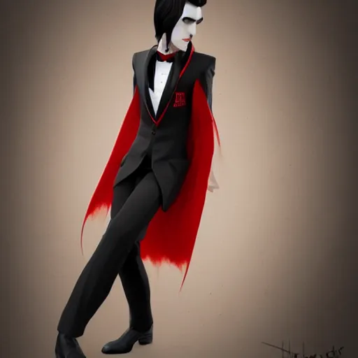 Prompt: a pale vampire, long black hair, clean shaven, dressed formally in red and black, highly detailed, concept art, smooth, sharp focus, unreal engine 5, 8 k.