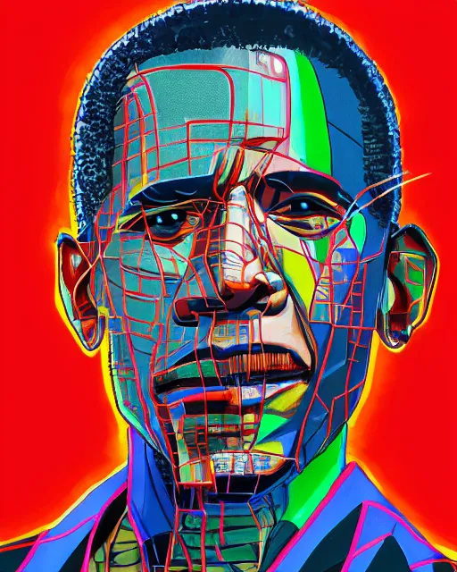 Prompt: a cyberpunk portrait of a obama by jean - michel basquiat, by hayao miyazaki by artgerm, highly detailed, sacred geometry, mathematics, snake, geometry, cyberpunk, vibrant, water