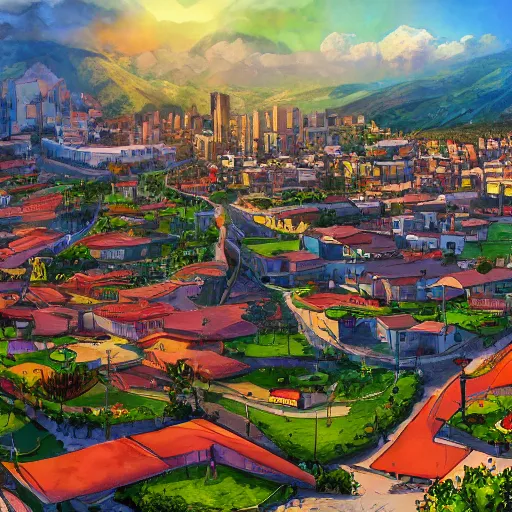 Image similar to city of Armenia Quindio, Artwork by Gainax, official media, concept art, 8k, pixiv, high definition, wallpaper, hd, digital artwork