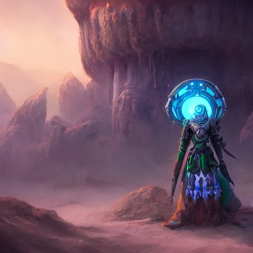 Prompt: space druid wearing ancient armor while traveling a barren planet, fantasy apocalypse, digital art, unreal engine, 4 k, highly detailed,