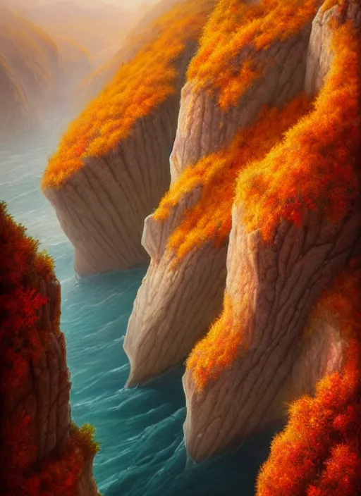 Image similar to autumn mornings in the low - poly cliffs of illusions, diffuse lighting, fantasy, intricate, surrealism!!!!, highly detailed, lifelike, photorealistic, digital painting, artstation, illustration, concept art, smooth, sharp focus, by greg rutkowski, chris tulloch mccabe, valentina remenar and asher duran,