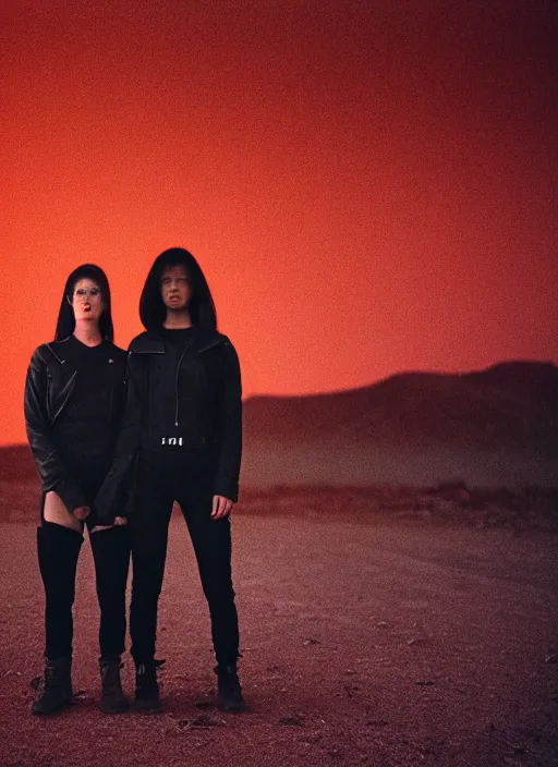 Prompt: cinestill 5 0 d photographic portrait of two loving female androids wearing rugged black techwear on a desolate plain with a red sky, extreme closeup, lizard on ground, cyberpunk style, in front of a brutalist dark metal facility, dust storm, 3 5 mm, f / 3 2, ultra realistic faces, 8 k, hd, high resolution