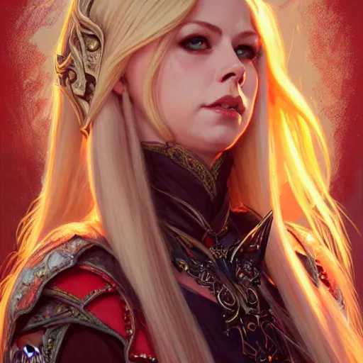 Image similar to Avril Lavigne as a Blood Elf, western, D&D, fantasy, intricate, elegant, highly detailed, digital painting, artstation, concept art, matte, sharp focus, illustration, art by Artgerm and Greg Rutkowski and Alphonse Mucha