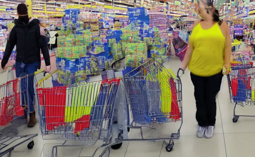 Prompt: blursed and glitched people shopping at walmart