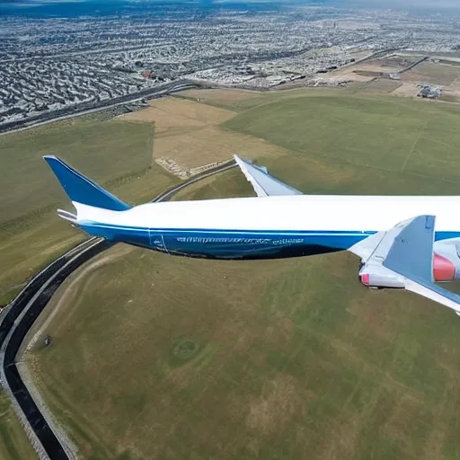 Image similar to Aerial photo of the biggest plane on earth, realism, drone shot