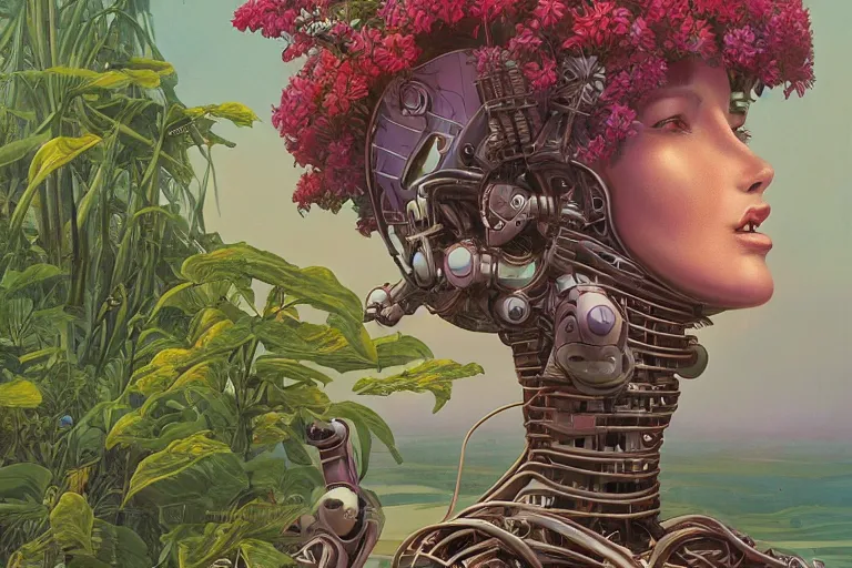 Image similar to evangelionic illustration, gigantic girl head, a lot of exotic vegetation, trees, tremendous pleasure robot, flowers, oldschool vintage sci - fi flat surreal design, super - detailed, oil painting by moebius, hd, 4 k, high quality