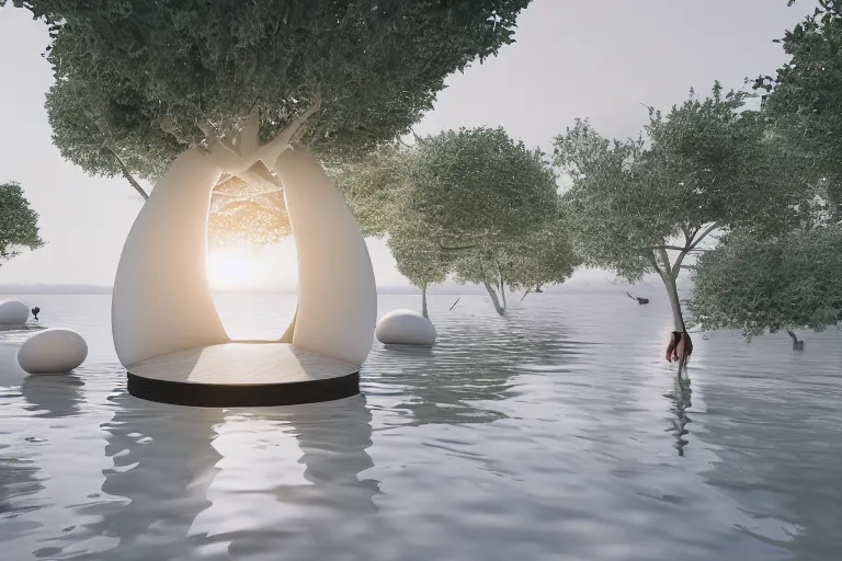 Prompt: a life building formed by the intersection and combination of many white spheres and egg shaped spaces ， by pierre bernard, on the calm lake, people's perspective, future, interior wood, dusk, unreal engine highly rendered, global illumination, radial light, internal environment