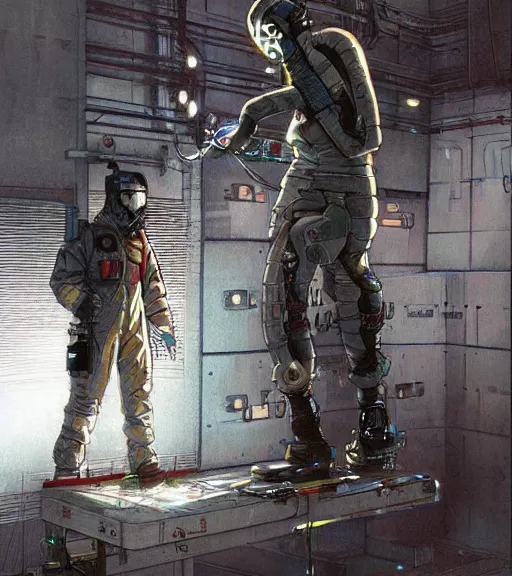 Image similar to realistic cyberpunk japanese engineer with long limbs and a black spacesuit welding a wall, techwear, dead space, visible face, Industrial Scifi, detailed illustration, character portrait, by Martin Grip and Moebius