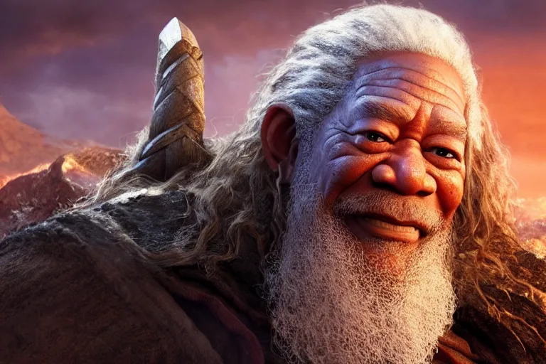 Image similar to morgan freeman starring as gimli in lord of the rings, full body, still from a pixar movie, high quality 3 d render, movie, pixar, renderman, 4 k, artstation