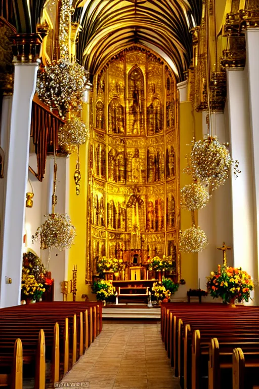 Prompt: photo inside a church full of flowers, golden ornaments highly detailed