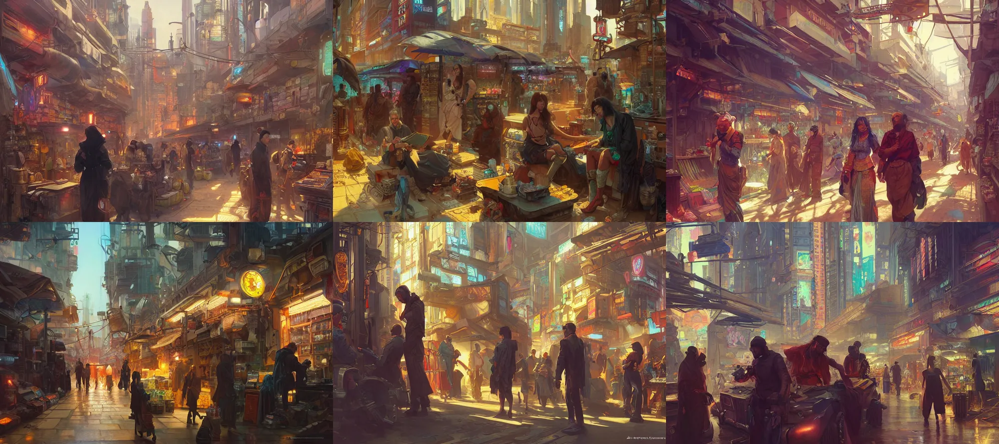 Prompt: cyberpunk merchants in a seedy, busy market, highly detailed, digital painting, artstation, concept art, smooth, sharp focus, illustration, art by artgerm and greg rutkowski and alphonse mucha