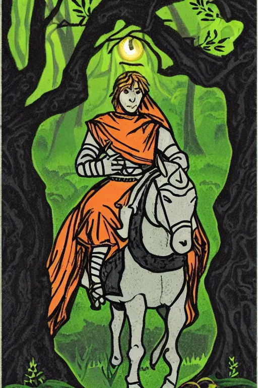 Image similar to tarot card of a shining knight that is lost in the woods and is followed by a shade