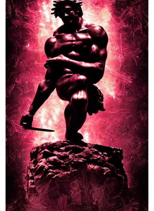 Image similar to dark design poster showing a statue of hercules, black background with very subtle red and purple design elements, subtle white lines, powerful, nekro, guido crepax, graphic design, collage art, dark, glitch art, neo vaporwave, gritty, layout frame, square, trending on artstation