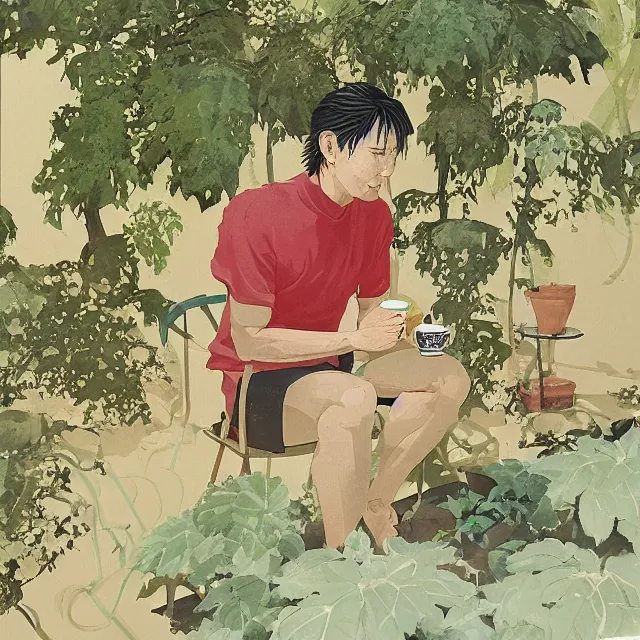 Prompt: ryuichi tanaka drinking coffee in the garden. gouache and gold leaf by the award - winning concept artist