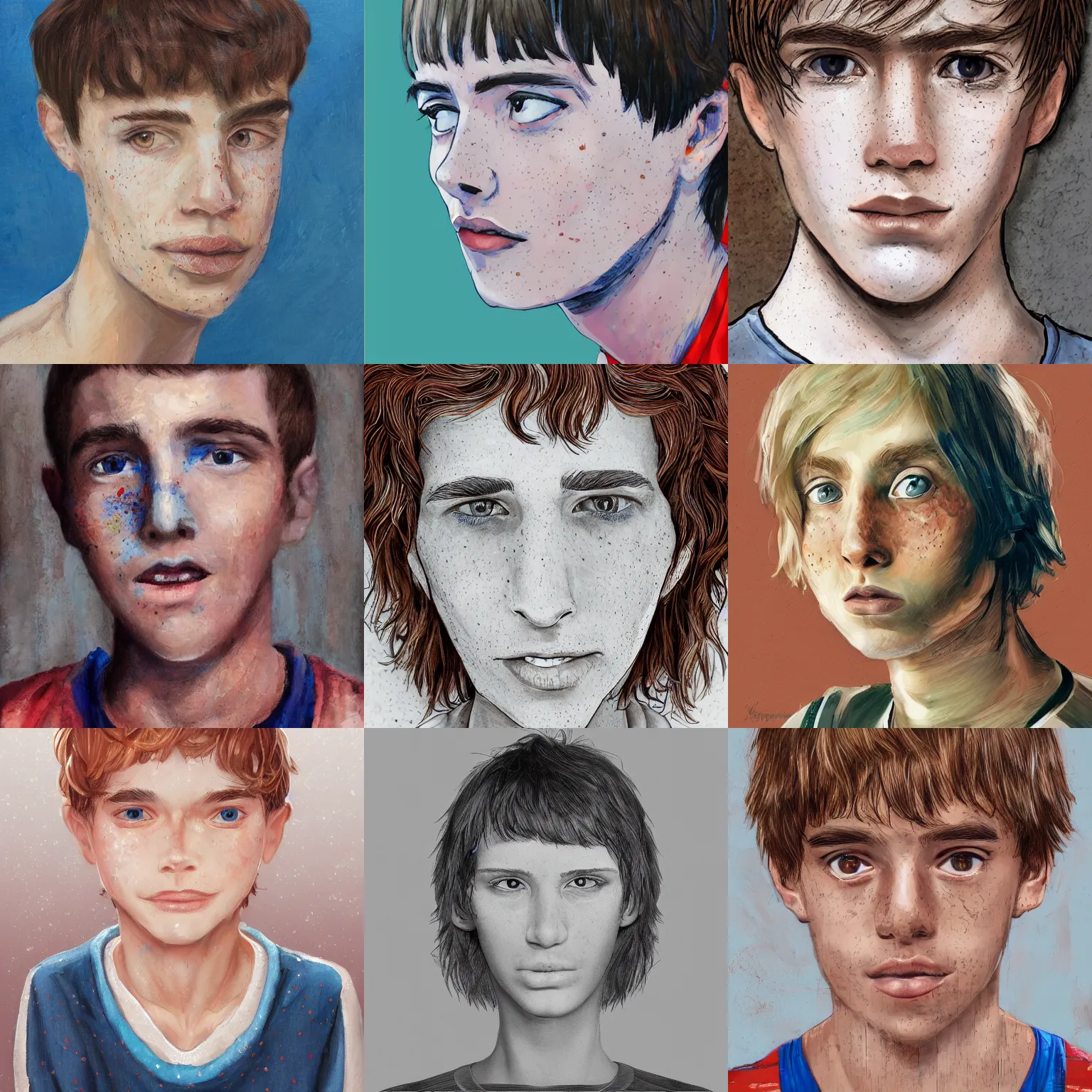 Prompt: face portrait of a thin teen boy with short red hair, a lot of freckles, blue eyes, a long nose, highly detailed, digital art, 4 k,