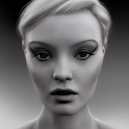 Image similar to A young beautiful female angelic-extraterrestrial-cyborg face looking like Marlene Dietrich with a very long neck, big clear eyes, thin nose, big lips, hair floating in the wind, Realistic, Refined, Digital Art, Pre-Raphaelite, Highly Detailed, Cinematic Lighting, rim light, black and white, high contrast, hyper real, photo-realistic Unreal Engine, 8K