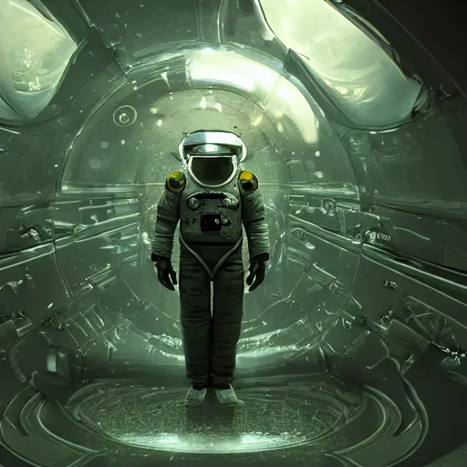 Image similar to concept art by craig mullins astronaut in futuristic dark and empty spaceship underwater. infrared complex and hyperdetailed technical suit. mandelbulb fractal. reflection and dispersion materials. rays and dispersion of light. volumetric light. 5 0 mm, f / 3 2. noise film photo. flash photography. unreal engine 4, octane render. interstellar movie art