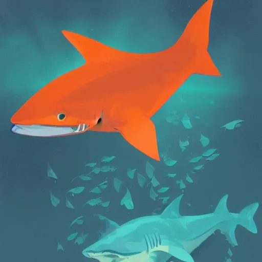 Image similar to orange traffic cone with shark teeth, ocean background detailed atmospheric - ron cheng & alphonse mucha, highly detailed, digital painting, ray tracing, concept art, illustration, smooth sharp focus, intricate, symmetry, artstation,