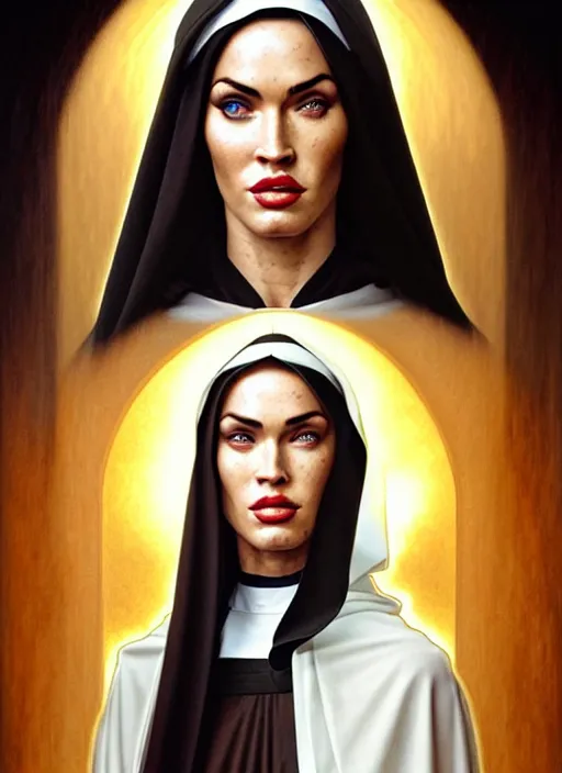 Image similar to portrait of megan fox as a nun with face tattoos, catholic, church, bible, christian, intricate, headshot, highly detailed, digital painting, artstation, concept art, sharp focus, cinematic lighting, illustration, art by artgerm and greg rutkowski, alphonse mucha, cgsociety