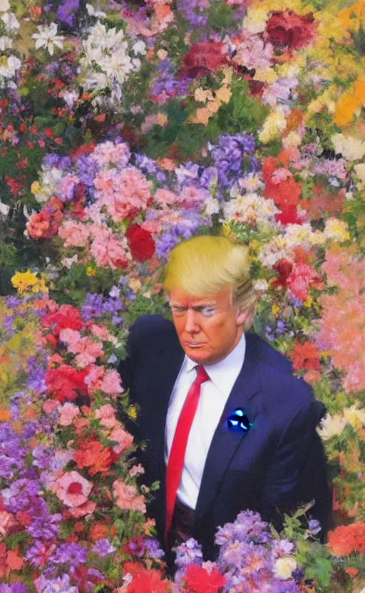 Image similar to romantic portrait of donald trump in an elegant dress surrounded by beautiful flowers, by gregory manchess, james gurney, james jean, realistic, photo, 8 k