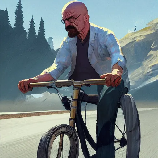 Image similar to walter white riding on a bike in gta 5 by greg rutkowski