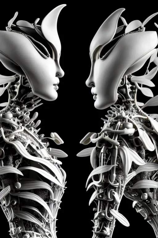 Image similar to monochrome close - up profile face, black background, beautiful young porcelain bio - mechanical vegetal - dragon - cyborg - female, white metallic armour, silver gold details, magnolia leaves and stems, roots, mandelbot fractal, 1 5 0 mm, beautiful natural soft rim light, elegant, hyper real, ultra detailed, octane render, 1 6 k