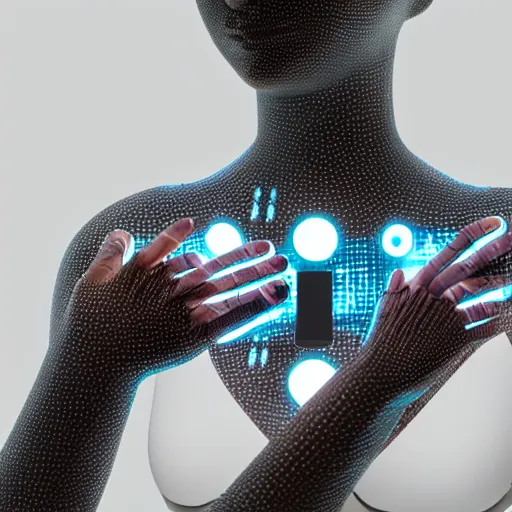 Image similar to beautiful Fine art photography of a contemplative part solarpunk robot part human girl with real human face and hands, led lights over chest, white background, highly detailed, medium shot, photorealism, natural sun lighting 8k