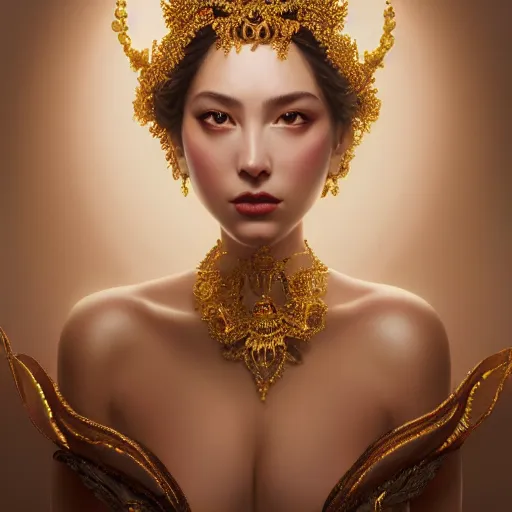 Prompt: expressive oil painting, of alluring european princess, seductive look, smooth glowing skin, glistening body, love, adoration, ornate headpiece made from beads, glamour shot, by yoshitaka amano, by greg rutkowski, by jeremyg lipkinng, by artgerm and sue bryce, digital art, octane render, white dress, mood lighting