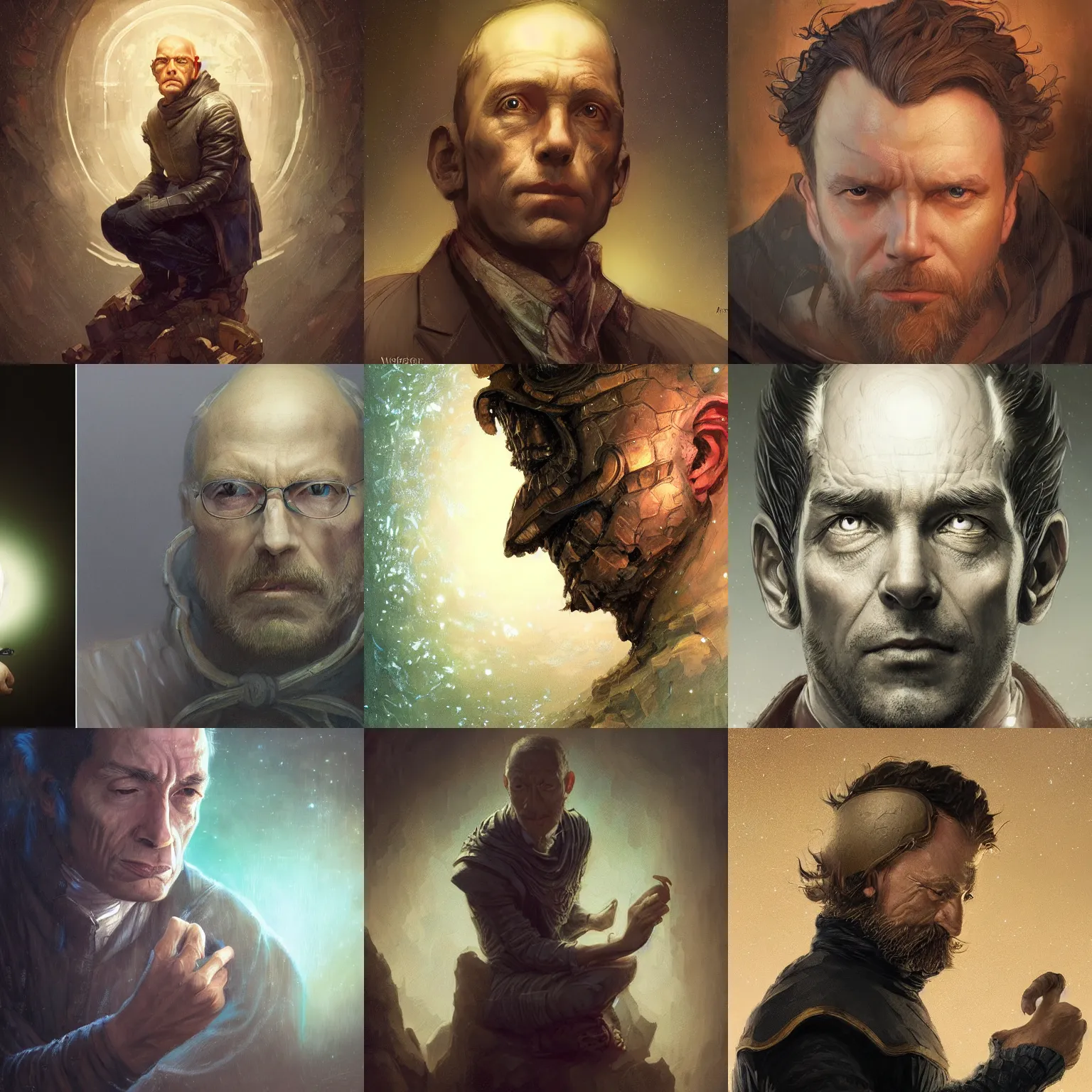 Prompt: thinker pose, artgerm and j. dickenson, greg rutkowski, studio lighting bright ambient lighting key light, victo ngai, medieval alchemist in the dark. close up, portrait of an old, photorealistic portrait by michael komarck, fantasy, detailed