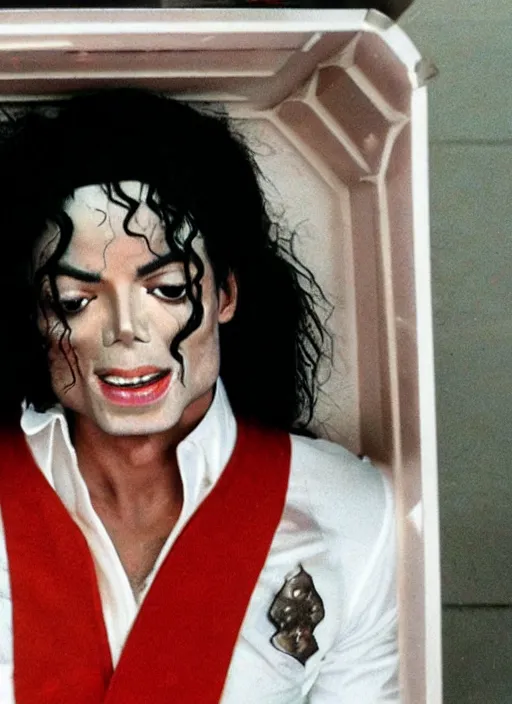 Image similar to photo still of michael jackson unconscious inside a coffin, full-shot, 4k