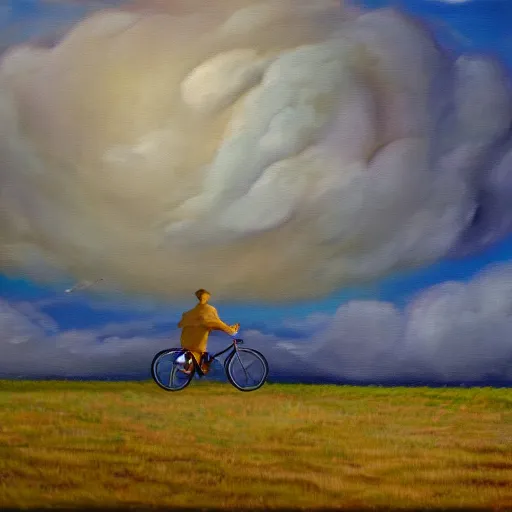 Image similar to A man riding his bicycle through the clouds in the sky, evokes feelings of wonder and amazement, an expressive oil painting by Wes Wilson