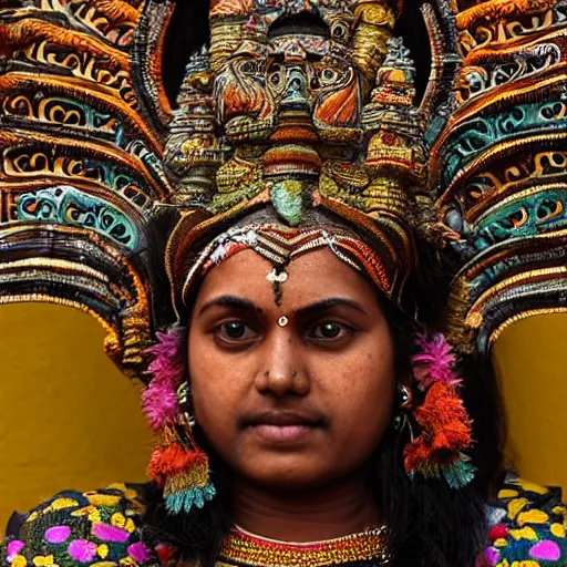 Image similar to a woman wearing an armor and head - dress. the armor and head - dress is made out of the colors, textures and sculptures of the meenakshi temple in madurai. intricate. detailed.