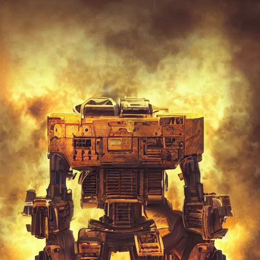 Image similar to head of toaster oven mecha, dark messy smoke - filled cluttered workshop, dark, dramatic lighting, orange tint, cinematic, highly detailed, sci - fi, futuristic, movie still