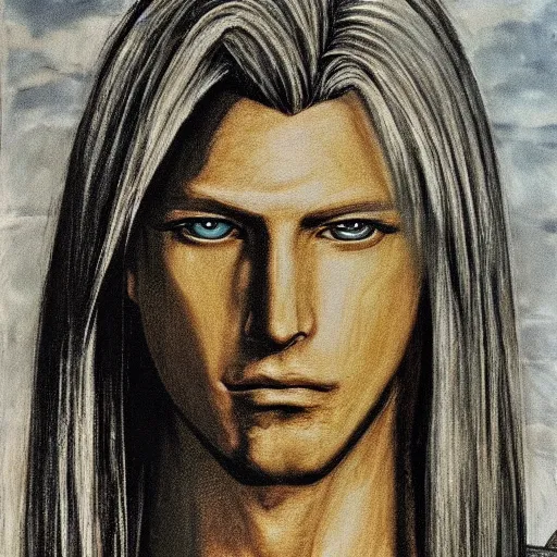 Prompt: Painting of Sephiroth from Final Fantasy 7. Art by Leonardo da Vinci. Extremely detailed. Award winning. 4K.