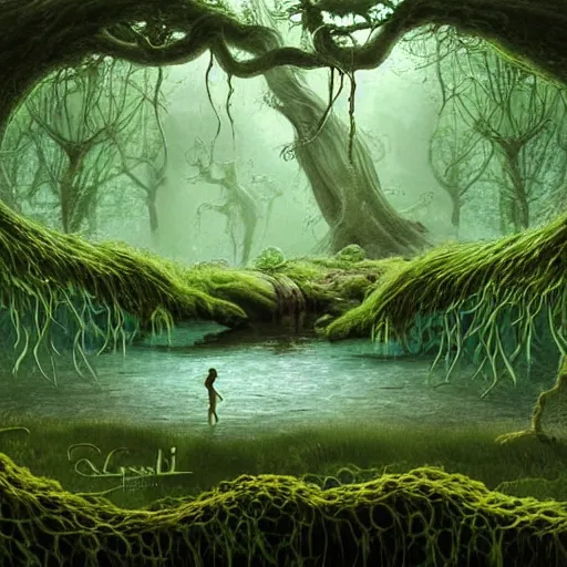 Prompt: beautiful digital fantasy illustration of A woody green field with a stream running through it, with a group of dryad women standing in the water. They seem to be preparing to submerge themselves in the cool, clear waters of the stream. a creepy creature standing in front of a mirror!, concept art by Alex Horley-Orlandelli!!, cgsociety contest winner!!!, gothic art,!!!!, cgsociety, fantasy art, highly detailed, soft lighting, rendered in octane, masterpiece, very very very aesthetic