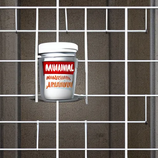 Prompt: a jar of mayonnaise wearing a prison uniform in a prison cell