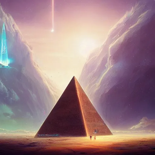 Prompt: ultradetailed pyramid structure emitting an energy beam into the atmosphere to terraform planet by peter mohrbacher and emmanuel shiu and martin johnson heade and bastien lecouffe - deharme